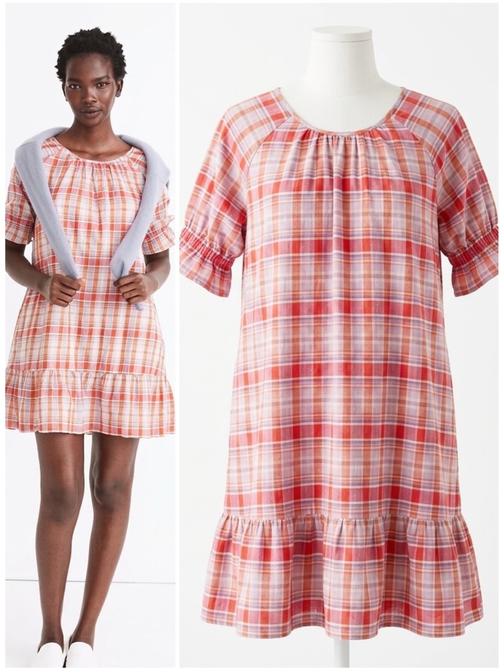 Madewell Ruffle-Sleeve Popover Mini Dress in June Hero Plaid Enamel Red Size Med